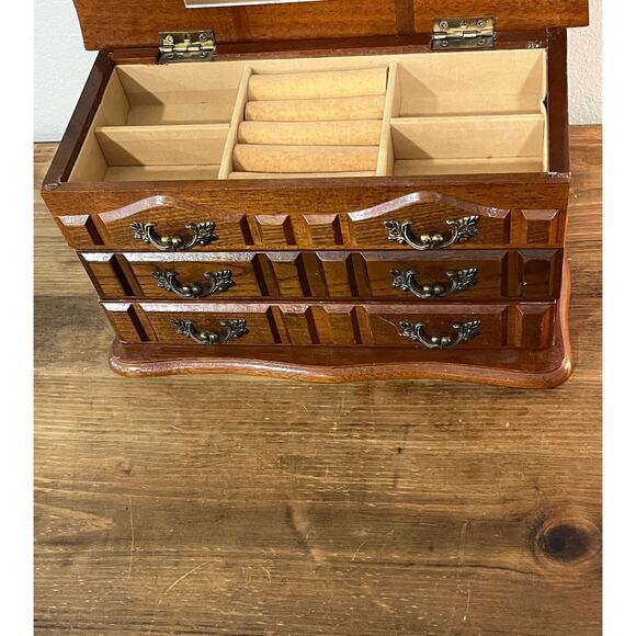 Vintage Wooden Jewelry Box Chest with Mirror 3 Drawers Felt Lined Ring Storage - Picture 3 of 16